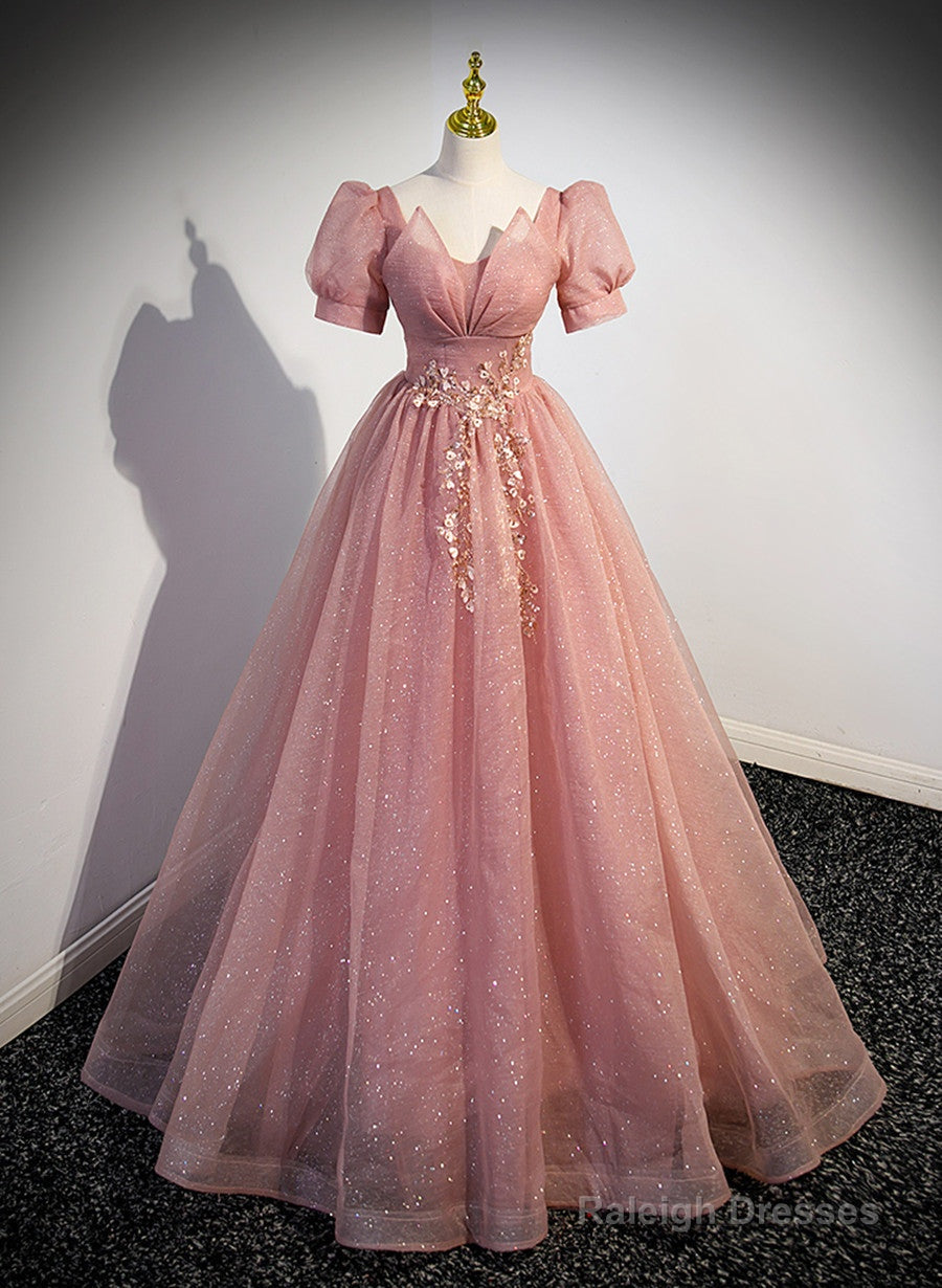 Pink Sweetheart Tulle Short Sleeves Party Dress, Pink Floor Length Formal Dress