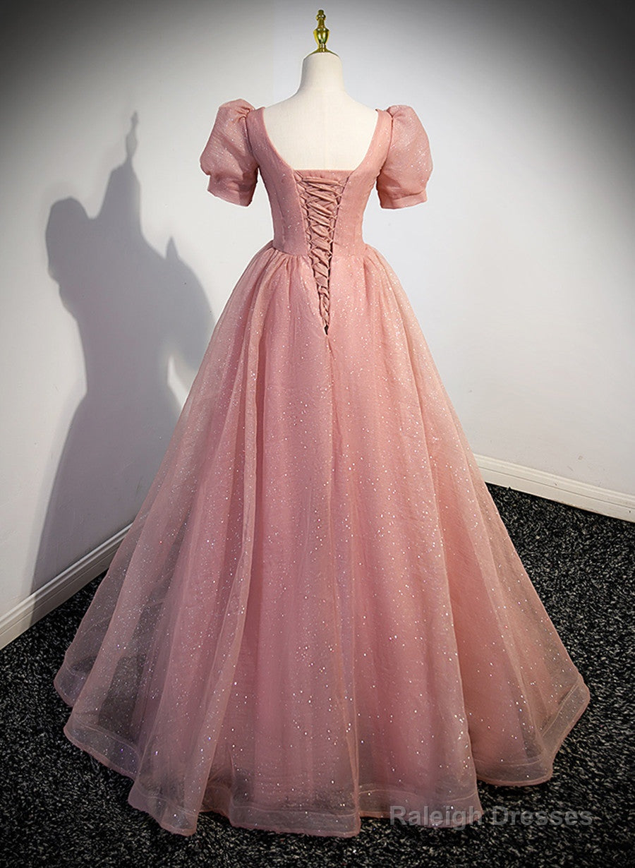 Pink Sweetheart Tulle Short Sleeves Prom Dresses Pink Floor Length Prom Dresses