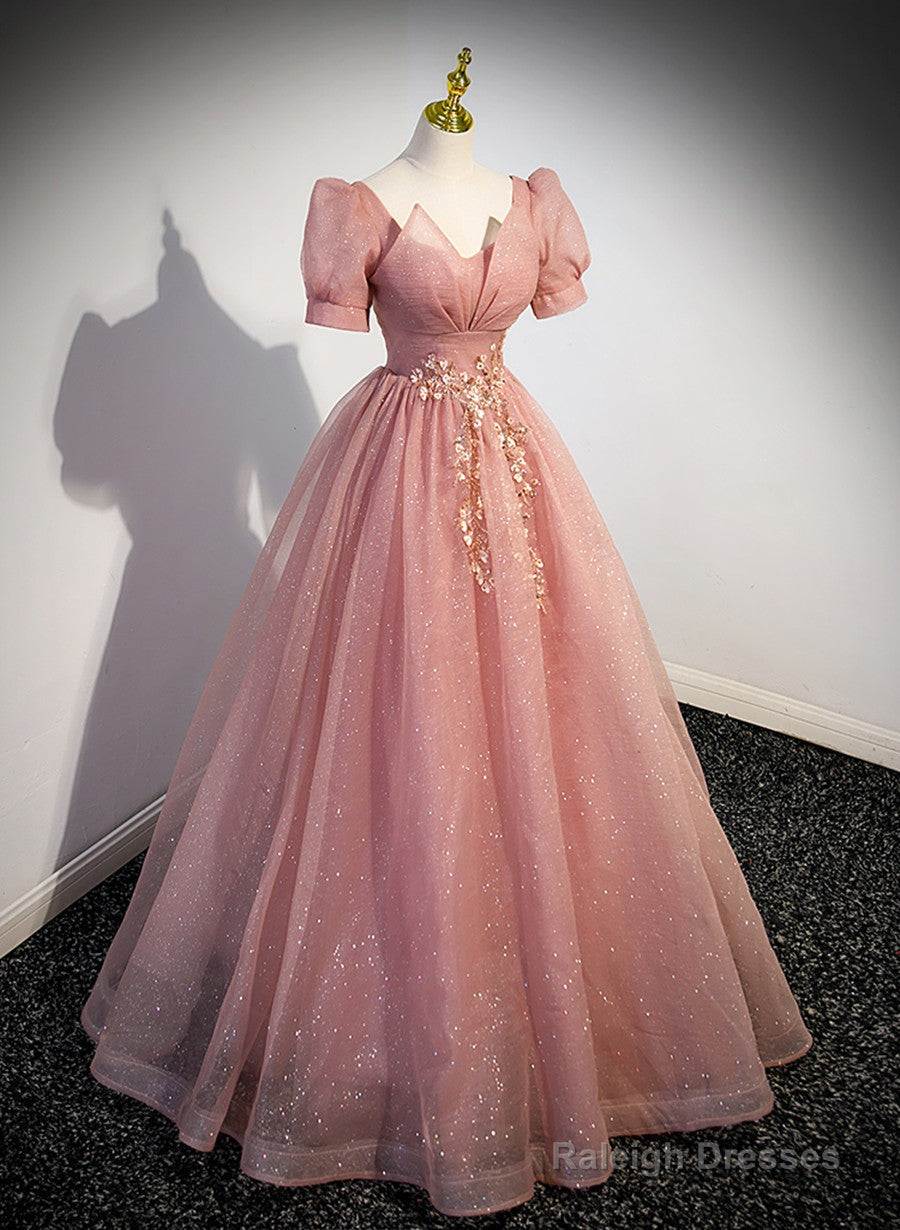 Pink Sweetheart Tulle Short Sleeves Party Dress, Pink Floor Length Formal Dress Main image
