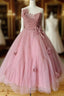 Pink Sweetheart Tulle Tea Length Prom Dress Bridesmaid Dress