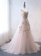 Pink Sweetheart Tulle With Lace Flowers Long Evening Dress, Pink Tulle Prom Dress