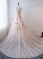 Pink Sweetheart Tulle With Lace Flowers Long Evening Dress, Pink Tulle Prom Dress