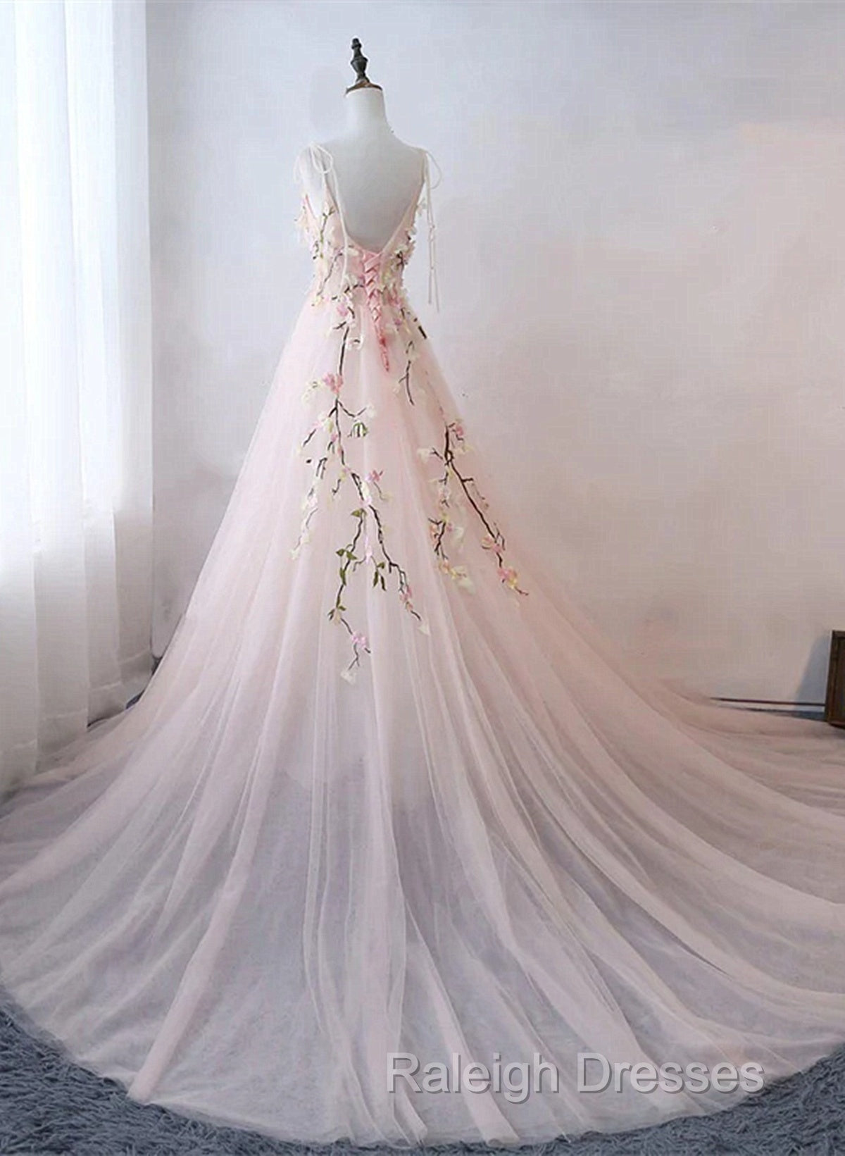 Pink Sweetheart Tulle With Lace Flowers Long Prom Dresses Pink Tulle Prom Dresses