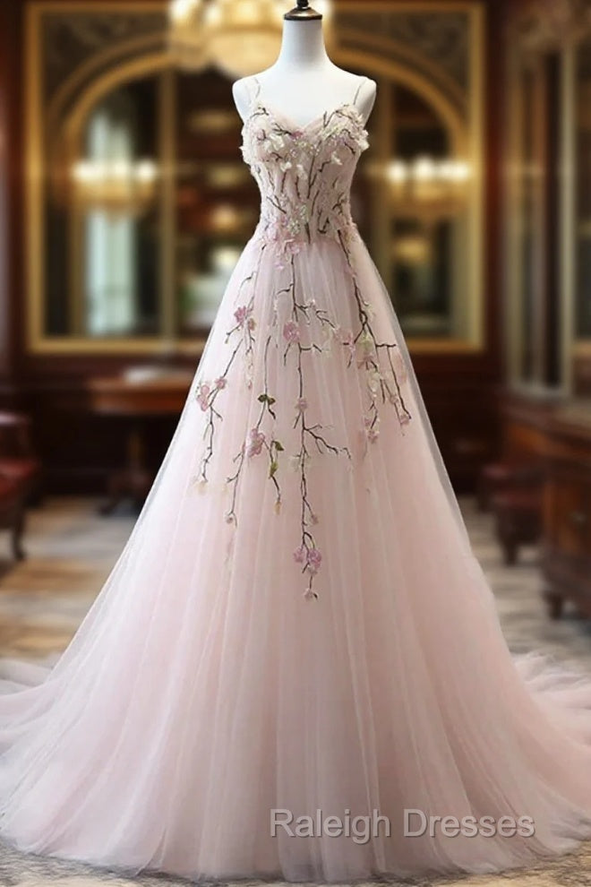 Pink Sweetheart Tulle With Lace Flowers Long Evening Dress, Pink Tulle Prom Dress