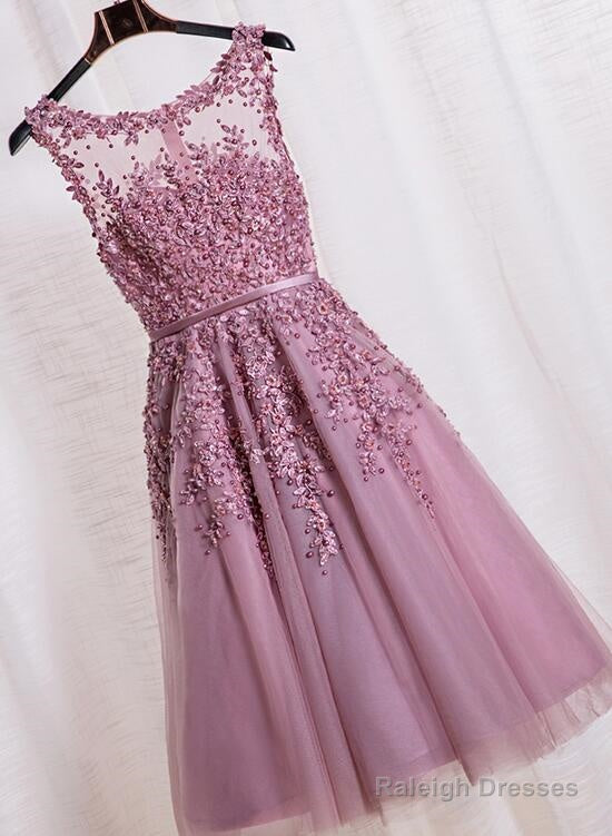 Pink Tea Length School Homecoming Dress Applique Pearls Short Prom Dress Pink Prom Dress Main image