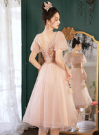 Pink Tea Length Tulle Short Sleeves Prom Dresses Pink Tulle Homecoming Dresses Prom Dresses