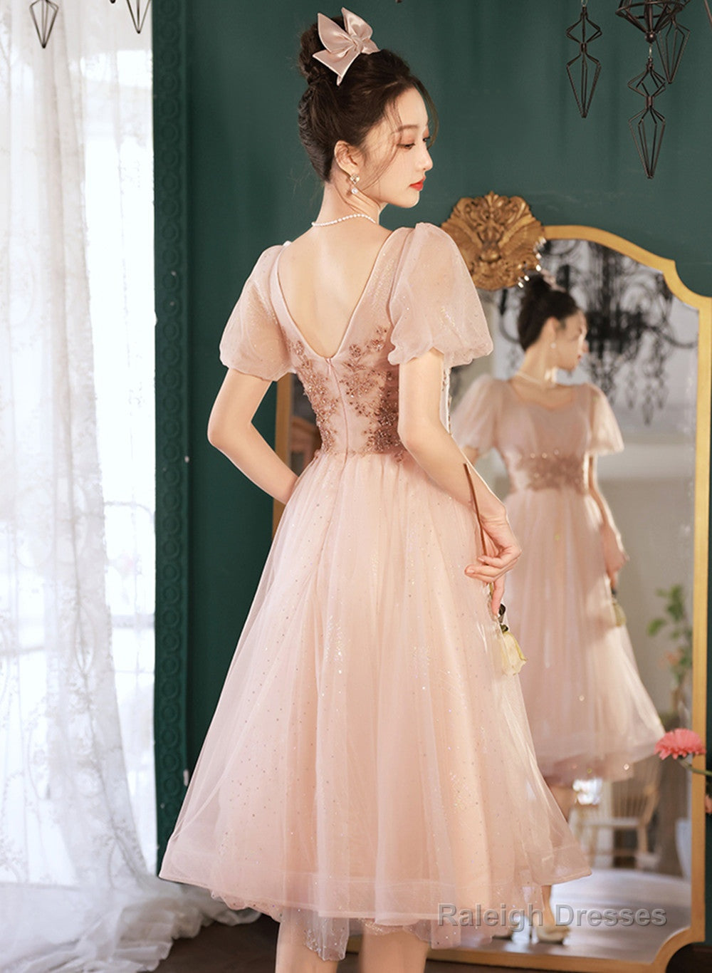 Pink Tea Length Tulle Short Sleeves Prom Dresses Pink Tulle Homecoming Dresses Prom Dresses