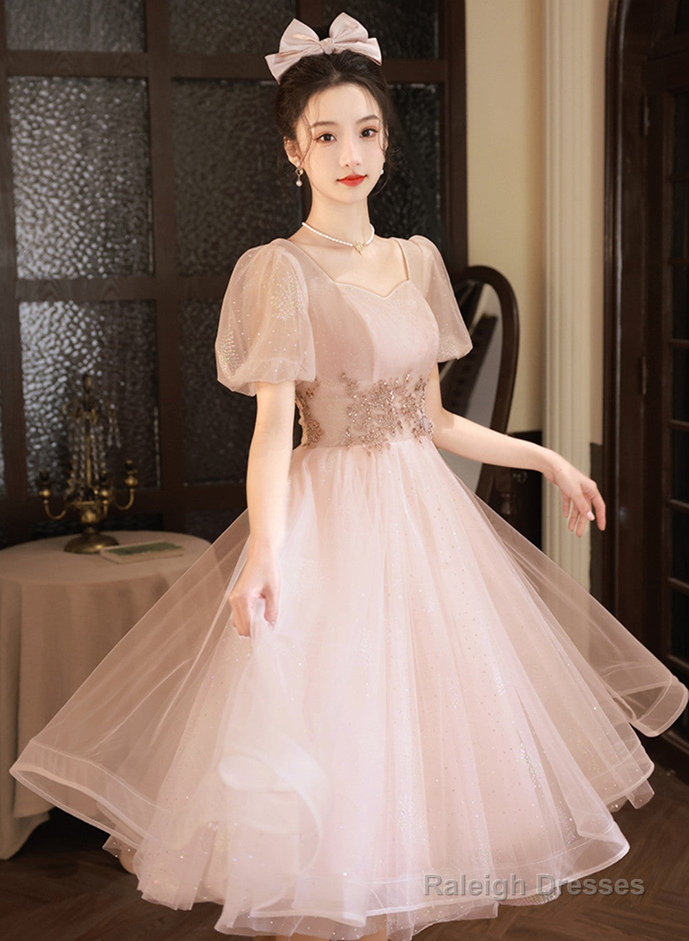 Pink Tea Length Tulle Short Sleeves Party Dress, Pink Tulle Homecoming Dress Formal Dress Main image