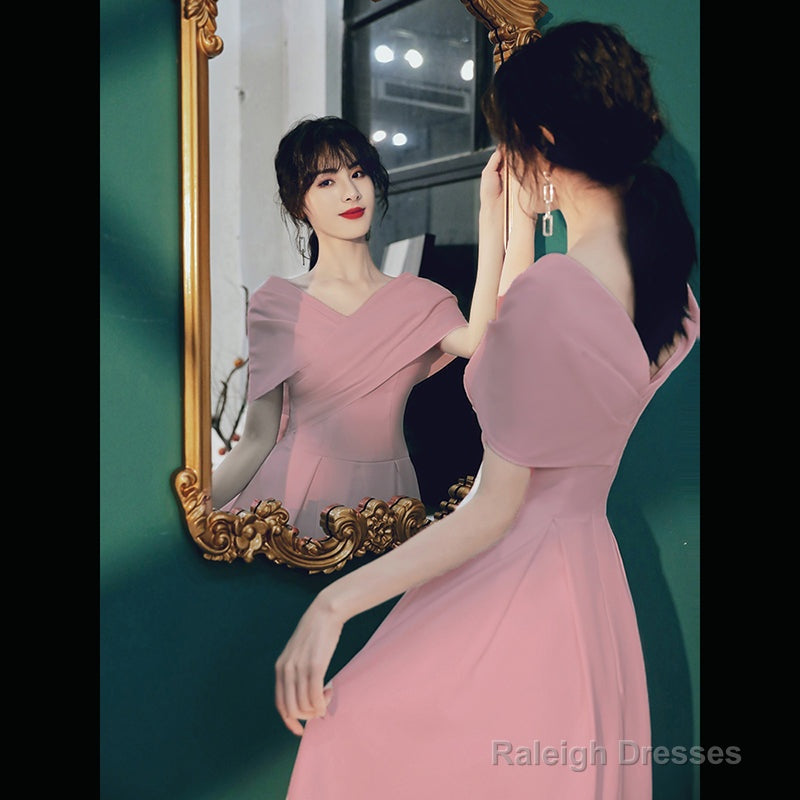 Pink Tea Length Wedding Party Dresses, Pink Bridesmaid Dresses Secondary image