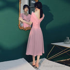 Pink Tea Length Wedding Party Dresses, Pink Bridesmaid Dresses