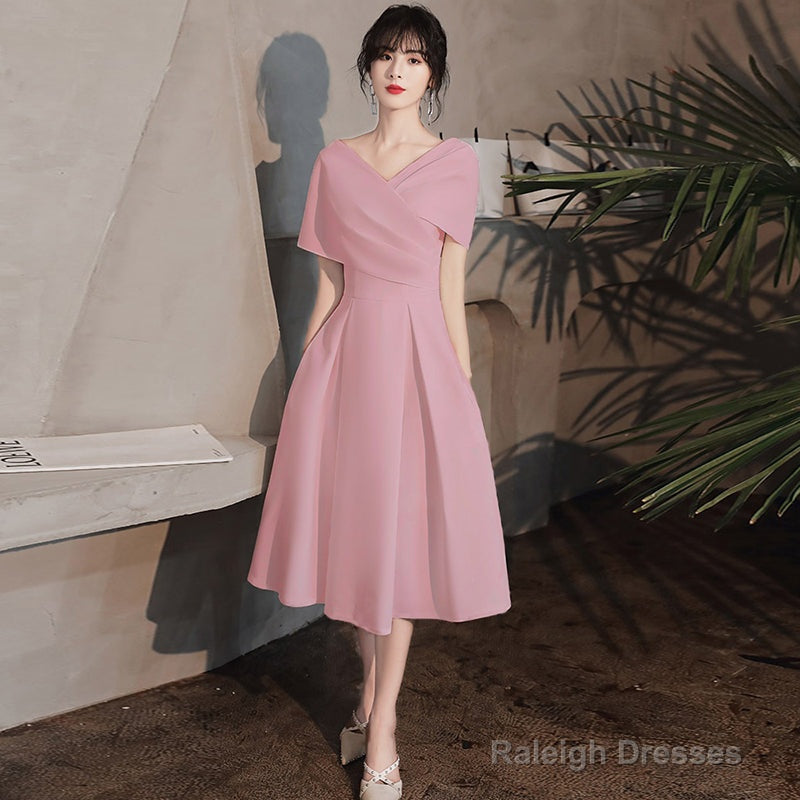 Pink Tea Length Wedding Prom Dress Pink Bridesmaid Dress