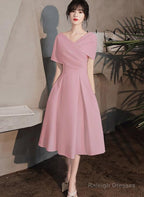 Pink Tea Length Wedding Party Dresses, Pink Bridesmaid Dresses