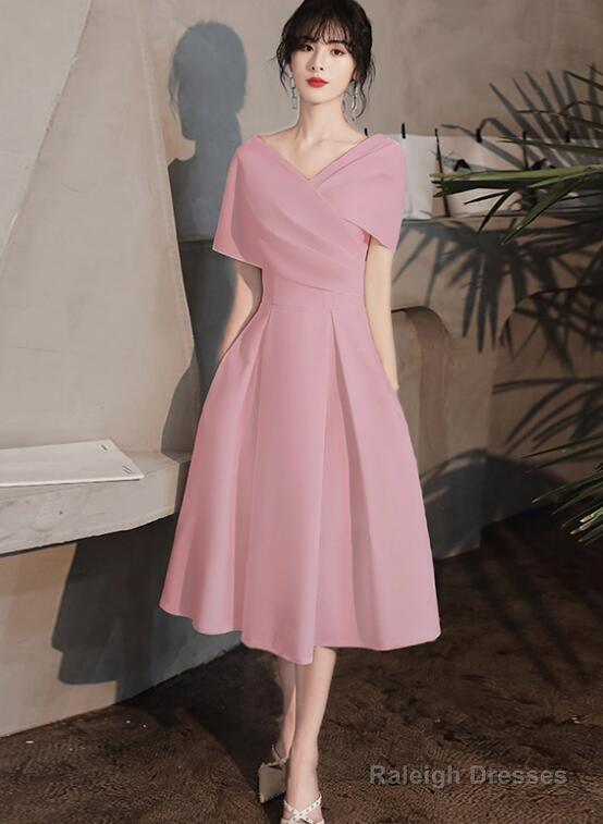 Pink Tea Length Wedding Party Dresses, Pink Bridesmaid Dresses