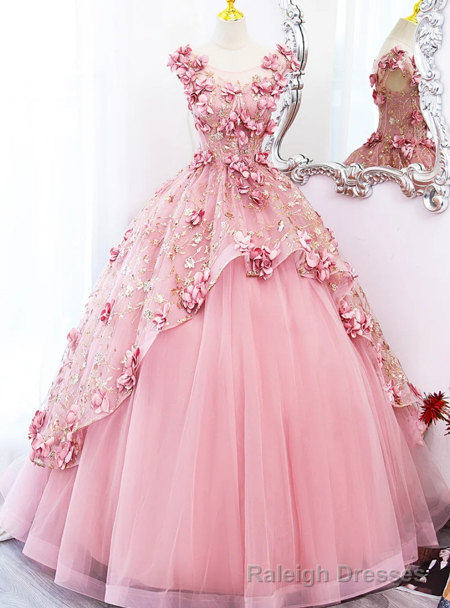 Pink Tulle 3D Flower Sequins Prom Dress Main image