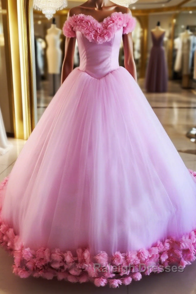 Pink tulle 3d flower tulle long prom gown, pink tulle evening dress