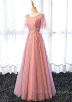 Pink Tulle A-Line Long Party Dress Bridesmaid Dress A Line Short Sleeves Floor Length Prom Dress