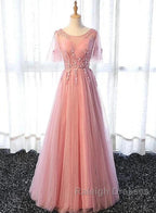 Pink Tulle A-Line Long Prom Dresses Bridesmaid Dresses A-Line Short Sleeves Floor Length Prom Dresses