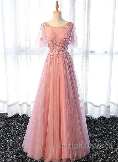 Pink Tulle A-Line Long Prom Dresses Bridesmaid Dresses A-Line Short Sleeves Floor Length Prom Dresses