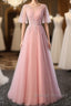 Pink Tulle A-Line Long Party Dress Bridesmaid Dress A Line Short Sleeves Floor Length Prom Dress