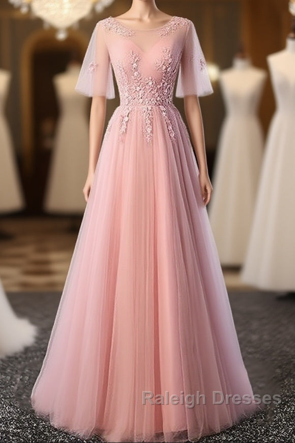 Pink Tulle A-Line Long Prom Dresses Bridesmaid Dresses A-Line Short Sleeves Floor Length Prom Dresses