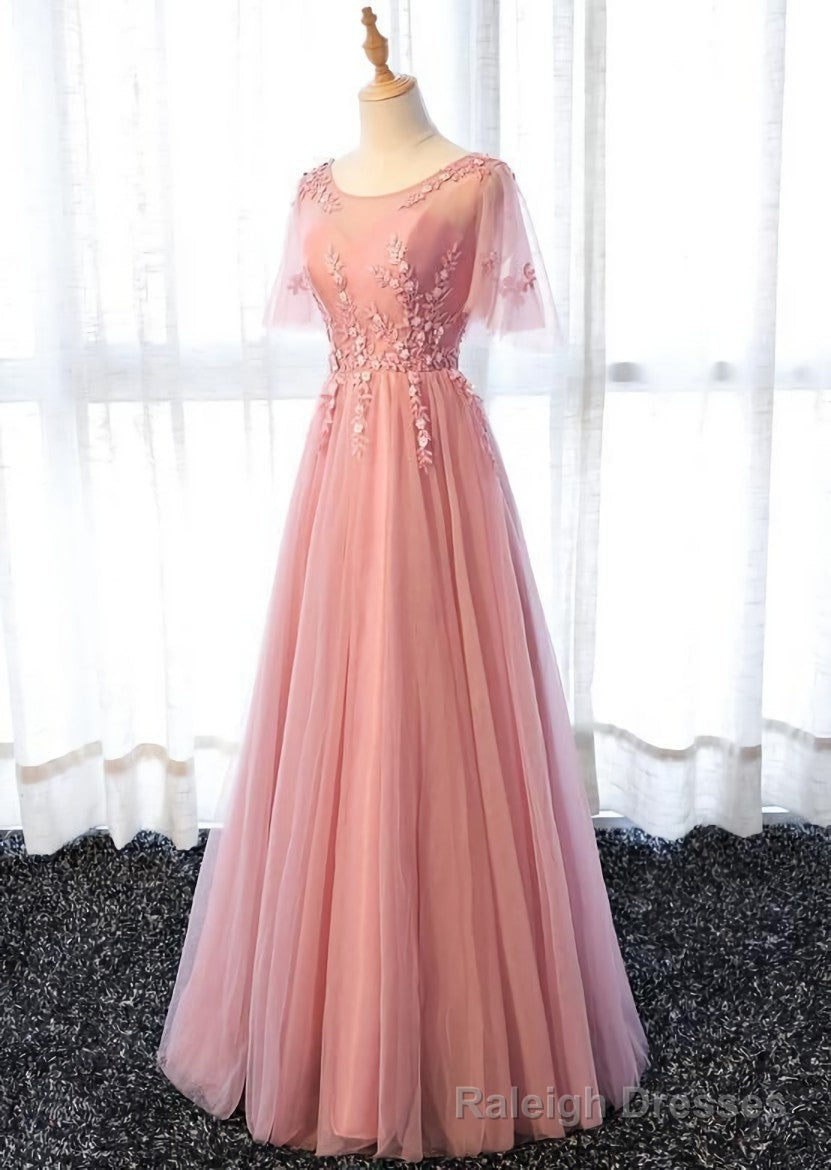 Pink Tulle A Line Long Prom Dress, Pink Bridesmaid Dress Main image