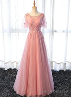 Pink Tulle A-line Long Party Dress, Pink Bridesmaid Dress