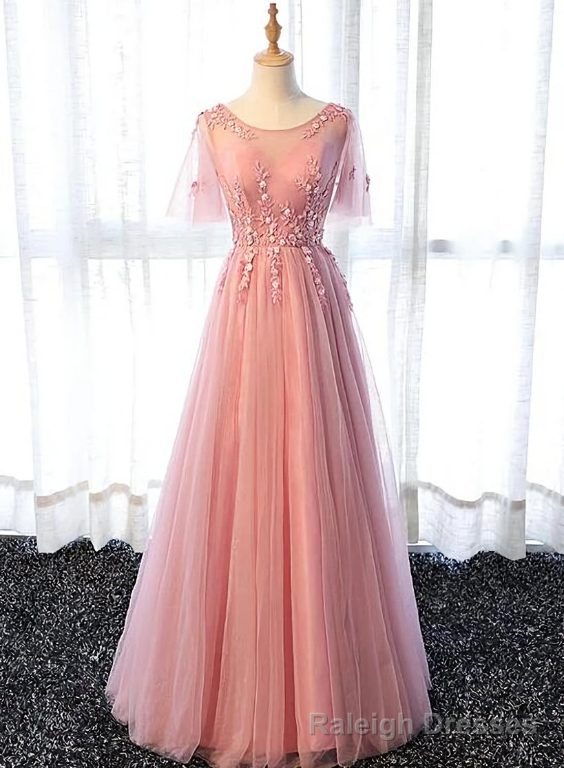Pink Tulle A Line Long Prom Dress, Pink Bridesmaid Dress Secondary image