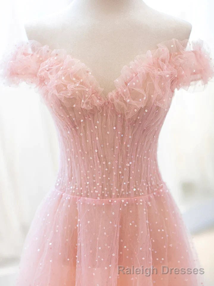 Pink Tulle A Line Long Prom Dress with Sequins, Off Shoulder Prom Dresses Secondary image