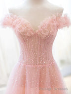 Pink Tulle A Line Long Prom Dress with Sequins, Off Shoulder Prom Dresses