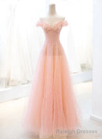 Pink Tulle A Line Long Prom Dress with Sequins, Off Shoulder Prom Dresses