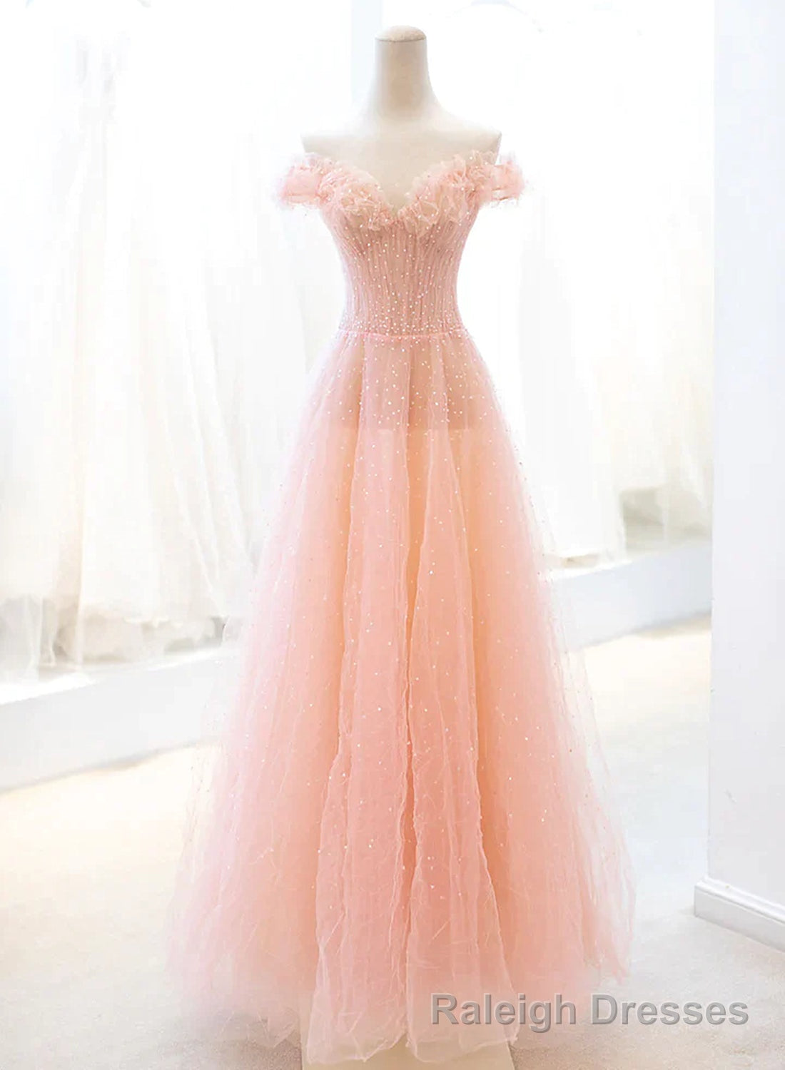 Pink Tulle A Line Long Prom Dress with Sequins, Off Shoulder Prom Dresses