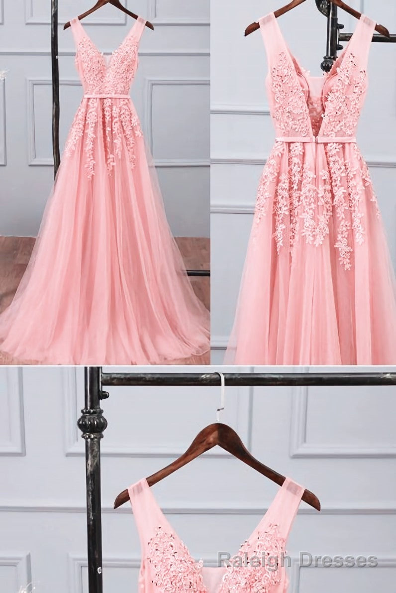 Pink Tulle A Line Simple Long Prom Dress, A Line Prom Dress Main image