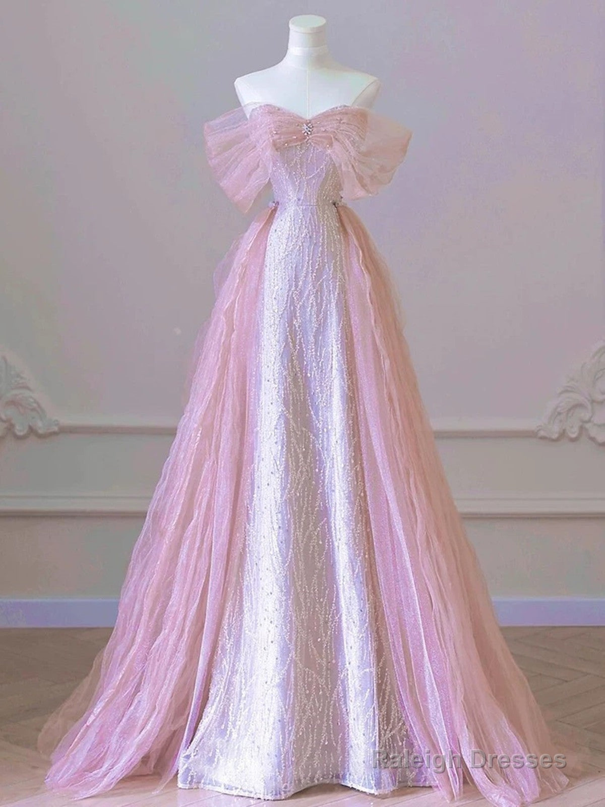 Pink Tulle And Sequins Off Shoulder Long Party Dress, Pink Beaded Chich Prom Dress Main image