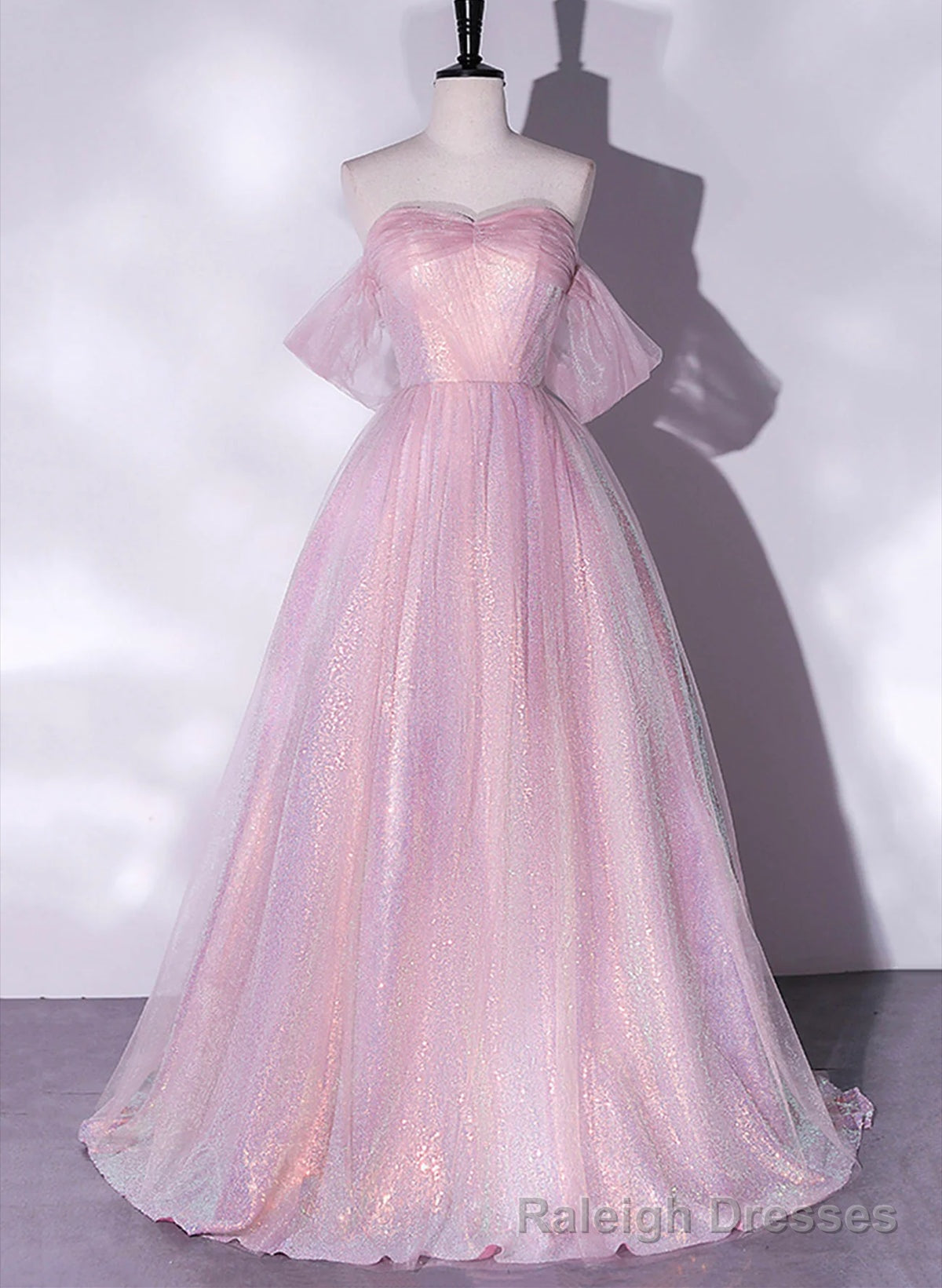 Pink Tulle and Sequins Sweetheart Long Prom Dress, A Line Pink Prom Dress