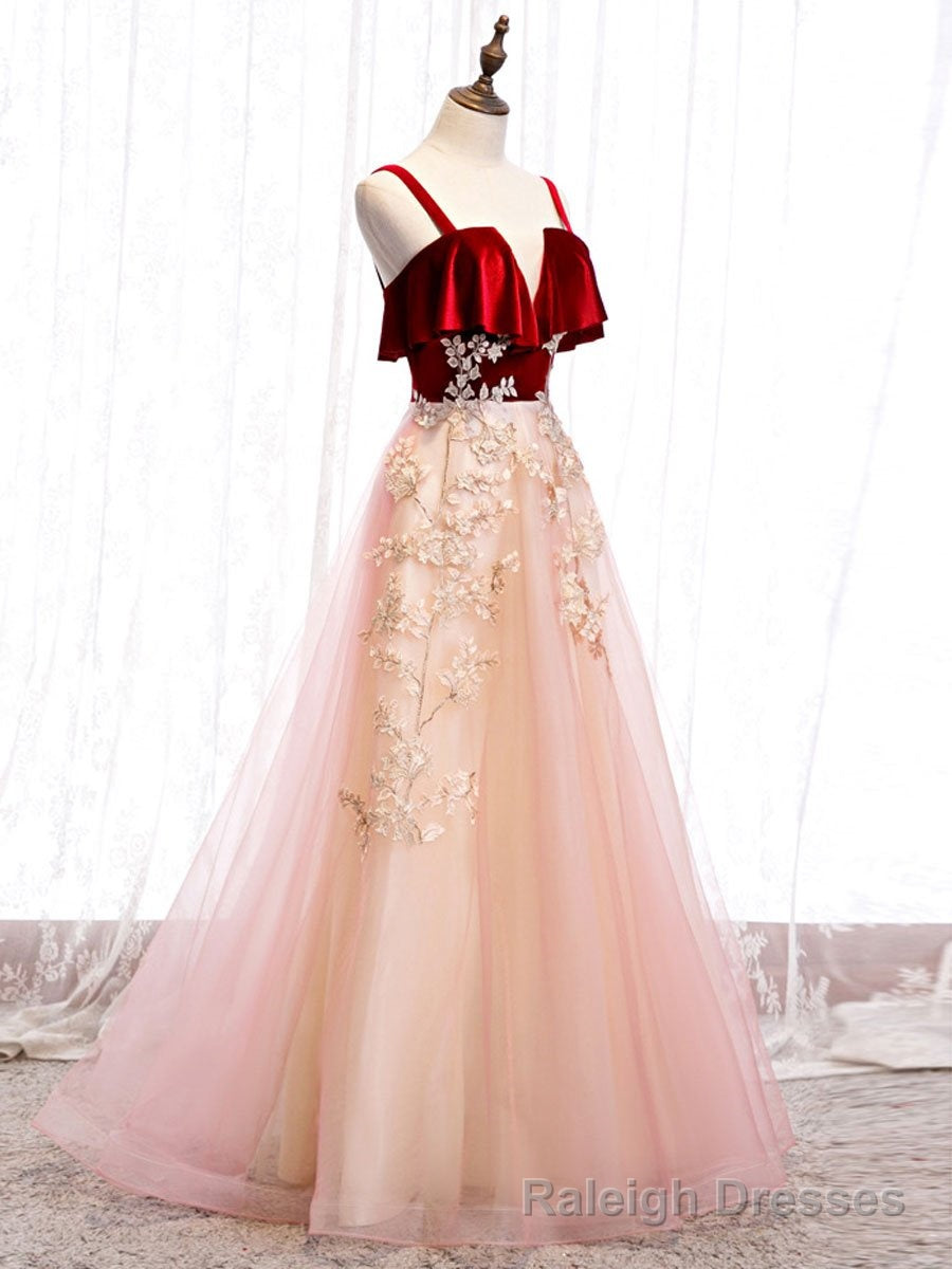 Pink Tulle and Velvet Long Lace Applique Straps Floor Length Party Dress, A-line Long Pink Prom Dress Main image