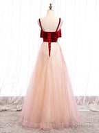 Pink Tulle and Velvet Long Lace Applique Straps Floor Length Prom Dress, A Line Long Pink Prom Dress
