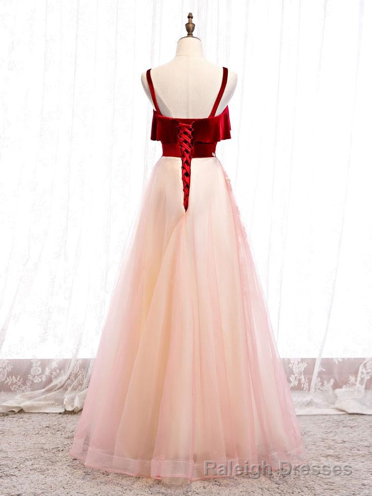 Pink Tulle and Velvet Long Lace Applique Straps Floor Length Prom Dress, A Line Long Pink Prom Dress