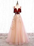 Pink Tulle and Velvet Long Lace Applique Straps Floor Length Prom Dress, A Line Long Pink Prom Dress