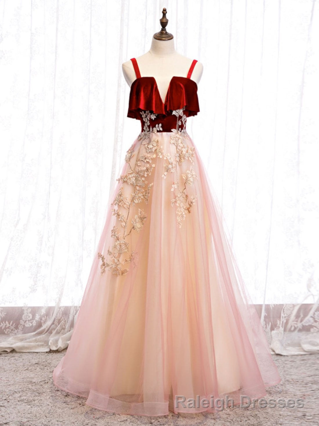 Pink Tulle and Velvet Long Lace Applique Straps Floor Length Prom Dress, A Line Long Pink Prom Dress