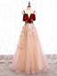 Pink Tulle and Velvet Long Lace Applique Straps Floor Length Prom Dress, A Line Long Pink Prom Dress