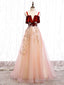 Pink Tulle and Velvet Long Lace Applique Straps Floor Length Party Dress, A-line Long Pink Prom Dress