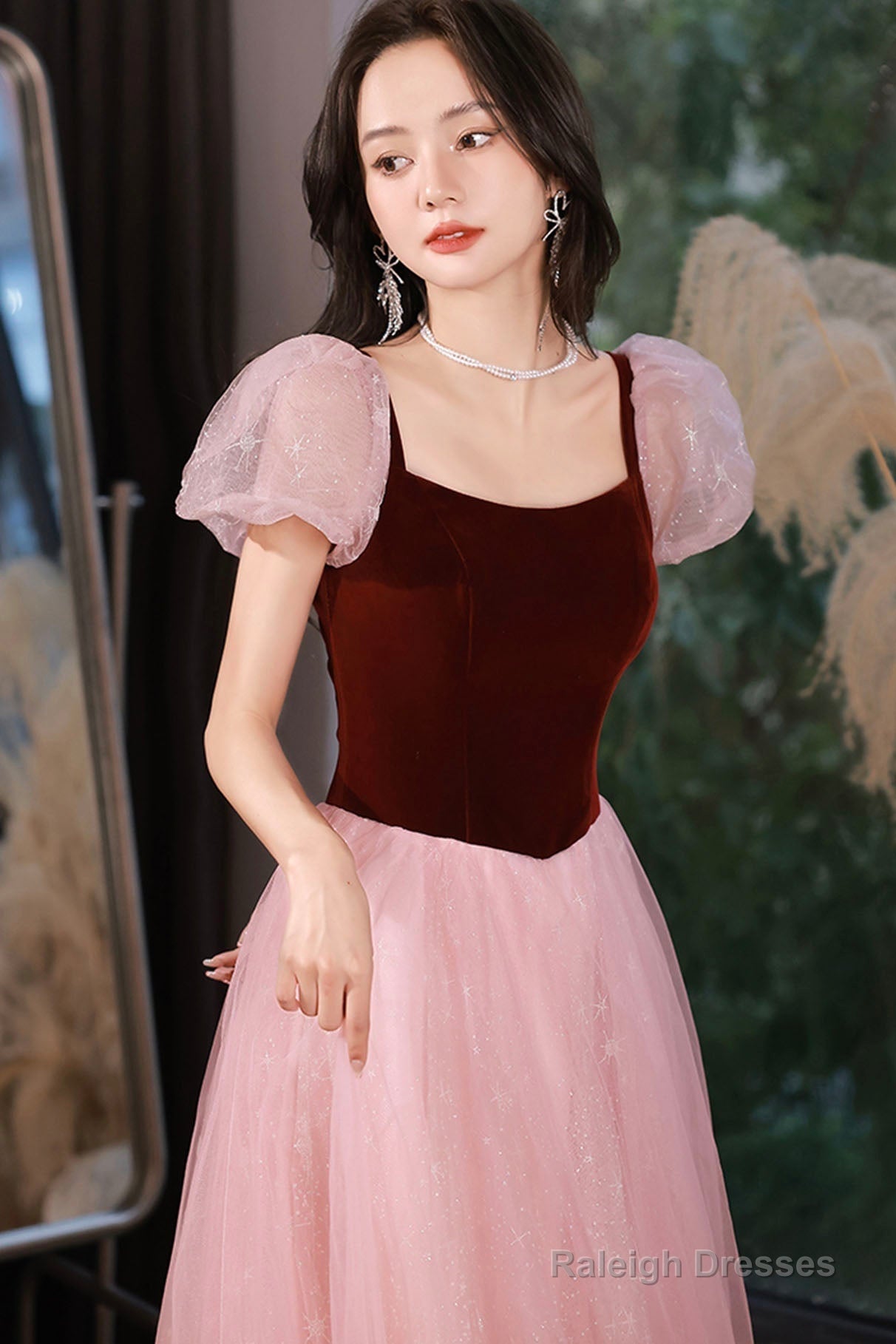 Pink Tulle And Velvet Short Sleeves Prom Dresses Pink Floor Length Prom Dresses