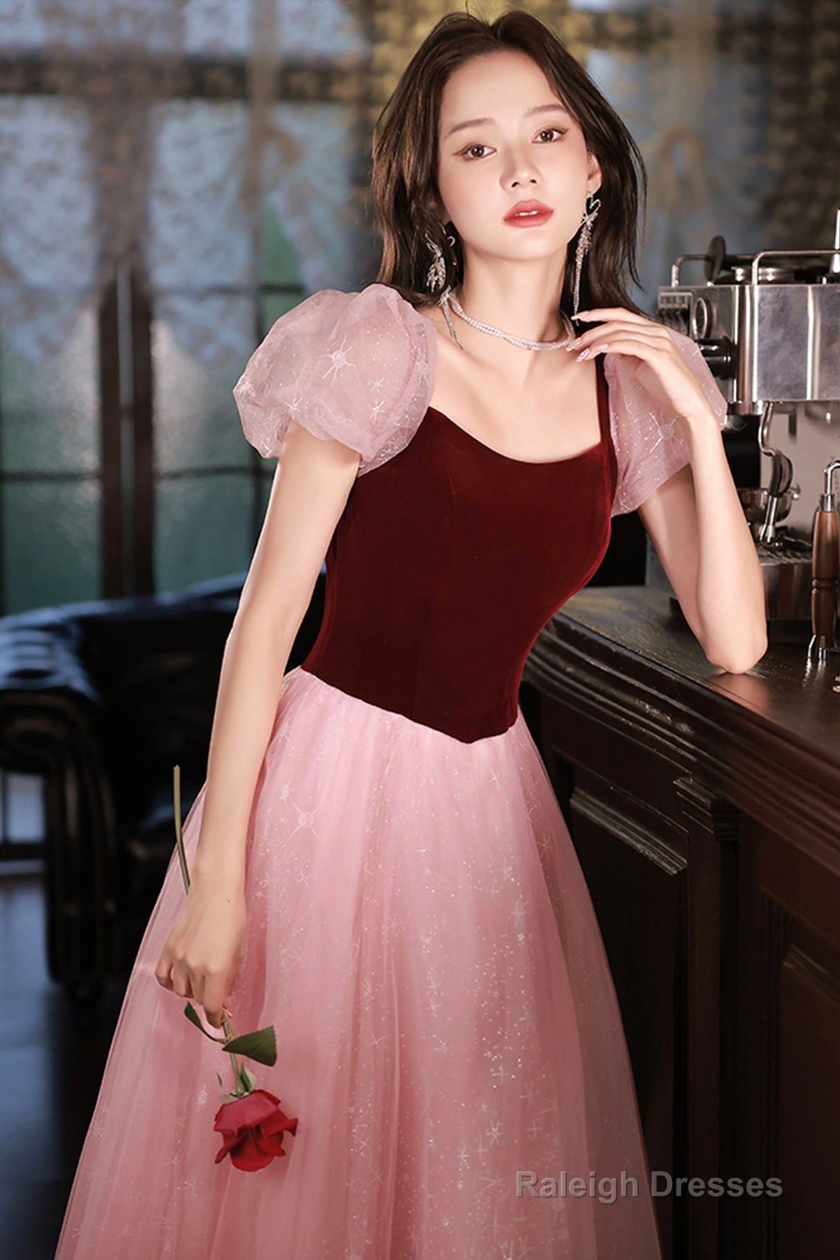 Pink Tulle And Velvet Short Sleeves Party Dress, Pink Floor Length Formal Dress