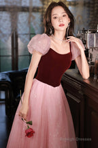 Pink Tulle And Velvet Short Sleeves Prom Dresses Pink Floor Length Prom Dresses