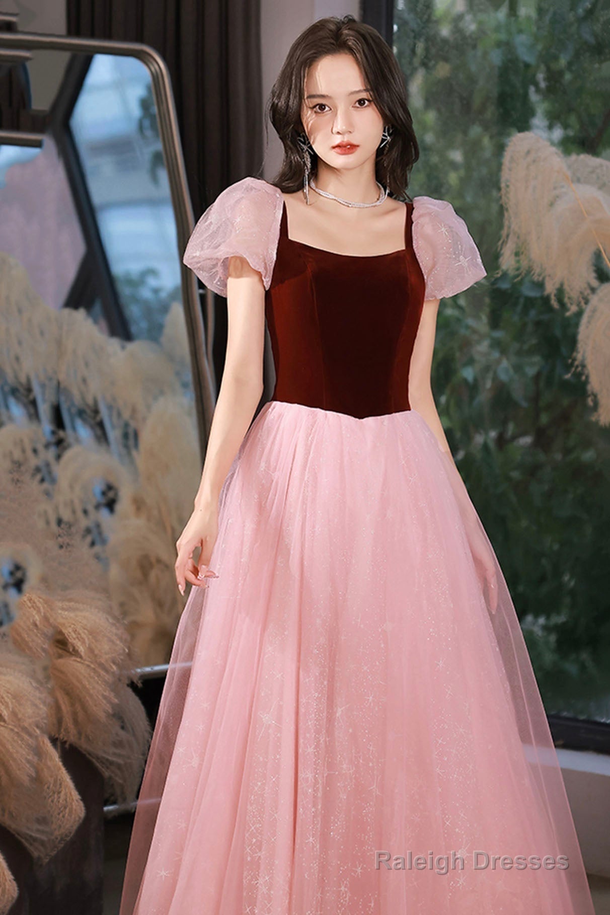 Pink Tulle And Velvet Short Sleeves Prom Dresses Pink Floor Length Prom Dresses