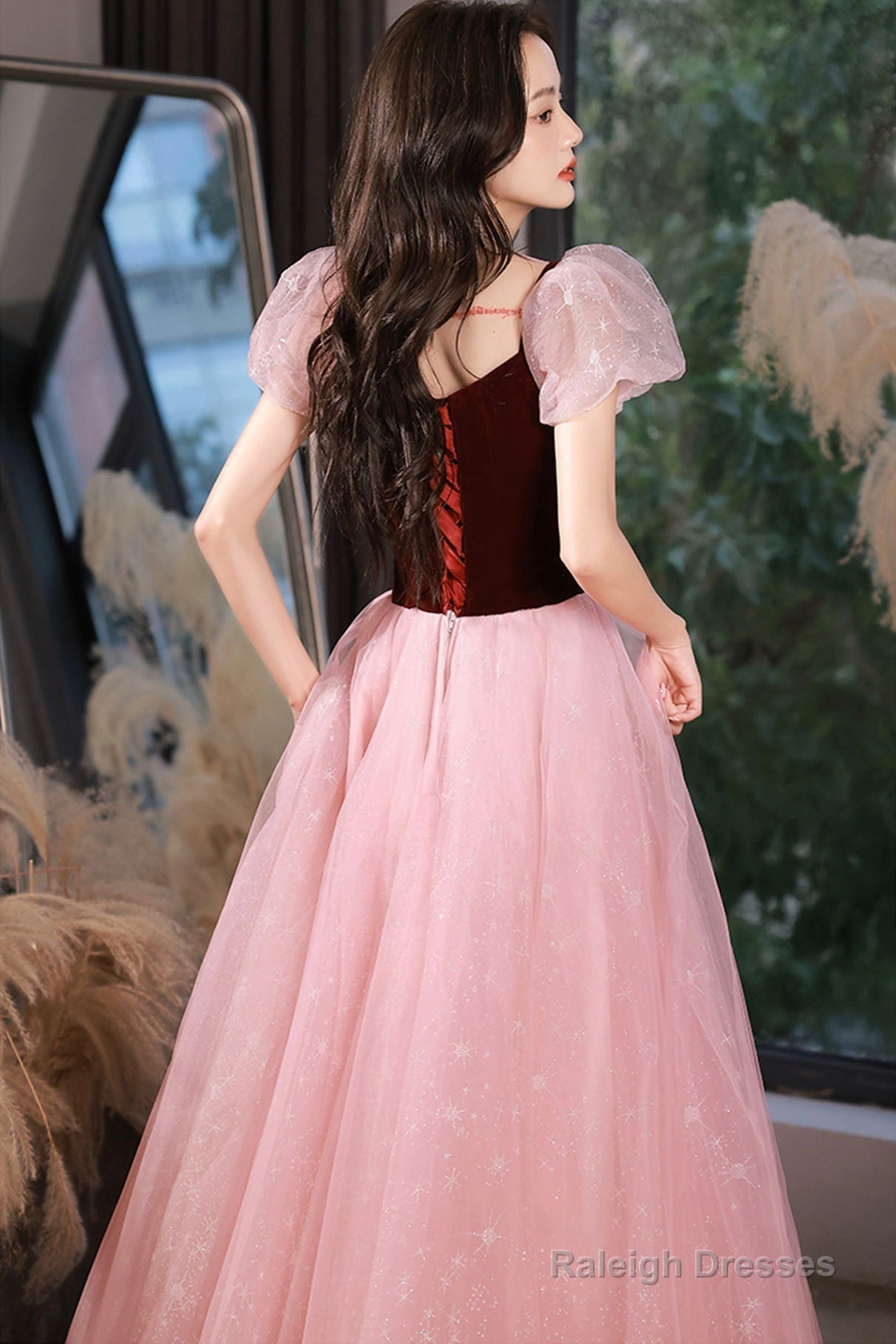 Pink Tulle And Velvet Short Sleeves Prom Dresses Pink Floor Length Prom Dresses