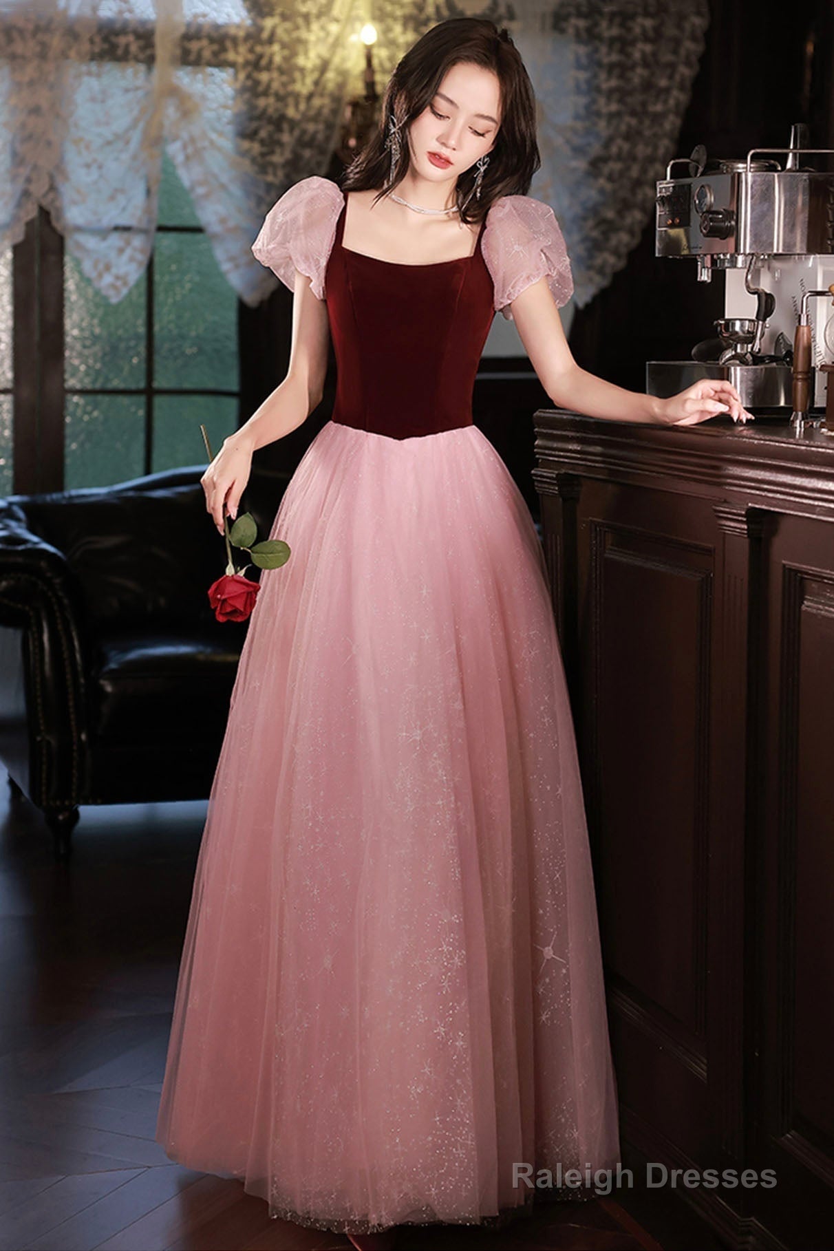 Pink Tulle And Velvet Short Sleeves Party Dress, Pink Floor Length Formal Dress