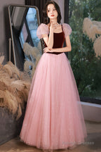 Pink Tulle And Velvet Short Sleeves Party Dress, Pink Floor Length Formal Dress