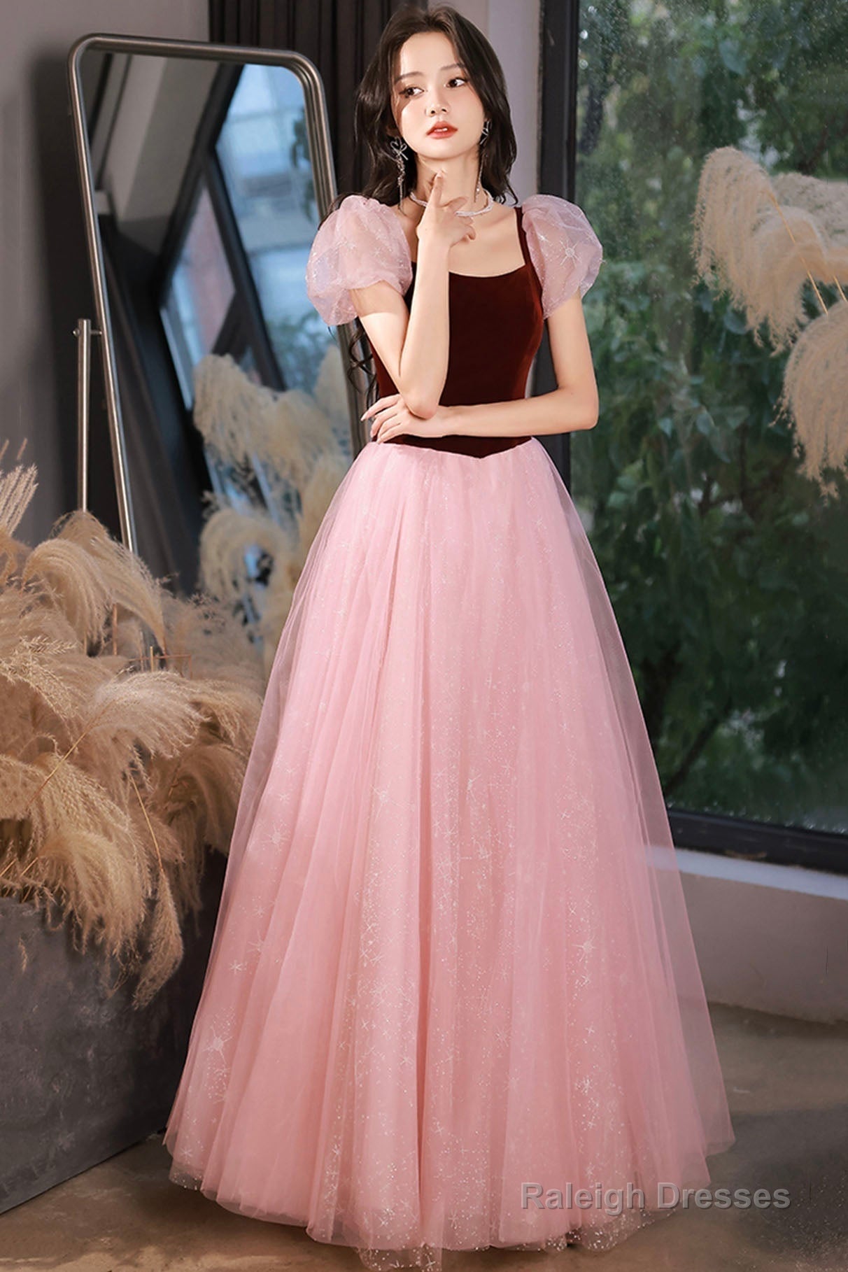 Pink Tulle And Velvet Short Sleeves Prom Dresses Pink Floor Length Prom Dresses