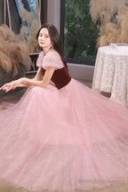 Pink Tulle And Velvet Short Sleeves Prom Dresses Pink Floor Length Prom Dresses